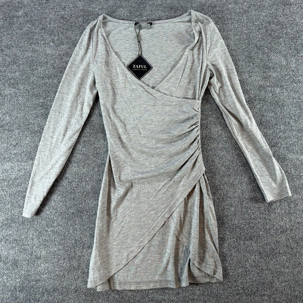 Zaful Womens Grey Long Sleeve Ruched Wrap Mini Dress V-Neck Size S NWT